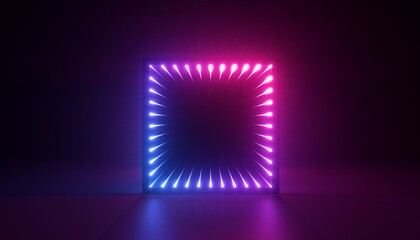 3d render, abstract neon background with square frame. Performance stage decoration illuminated with ultraviolet light