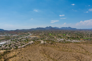 Aerial view of single family homes, a residential district in Fountain Hills, Arizona US near mountain desert