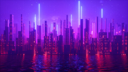 3d render, abstract urban futuristic background. Cityscape with neon light, starry night sky and water