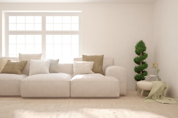 Soft color living room with sofa. Scandinavian interior design. 3D illustration