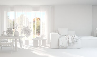 White minimalist living room with sofa. Scandinavian interior design. 3D illustration