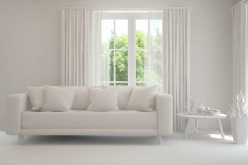 Mock up of stylish room in white color with sofa and green landscape in window. Scandinavian interior design. 3D illustration