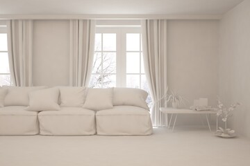 White minimalist living room with sofa. Scandinavian interior design. 3D illustration