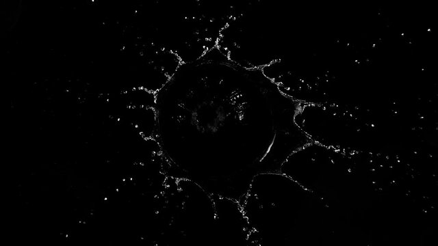 Super slow motion of splashing water crown shape on black background. Filmed on high speed cinema camera, 1000fps.