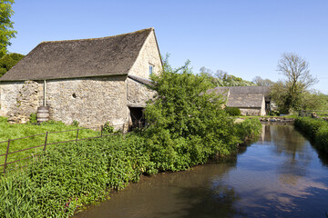 Fototapeta na wymiar The infant River Windrush flowing past the Cotswold hamlet of Lower Harford, Gloucestershire UK