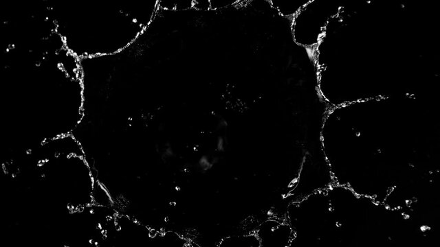 Super slow motion of splashing water crown shape on black background. Filmed on high speed cinema camera, 1000fps.