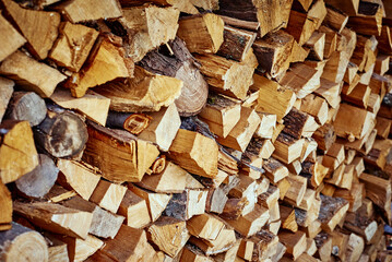 Stack of firewood as background. Pile of chopped wood, close up