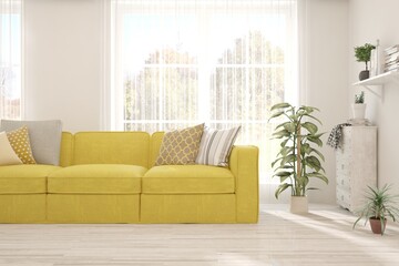 White living room with sofa. Scandinavian interior design. 3D illustration