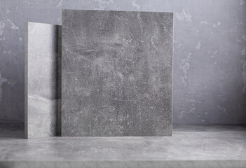 Abstract painted background texture at grey table top. Front view of panel plate