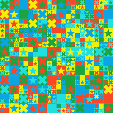 Patr&oacute;n geom&eacute;trico abstracto de estrellas y cruces en colores alegres