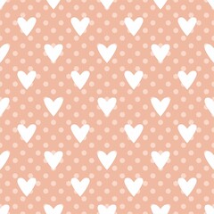 Pink vector background with hearts and polka dots. Cute seamless pattern for valentines desktop wallpaper or lovely website design