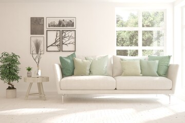White living room with sofa and summer landscape in window. Scandinavian interior design. 3D illustration