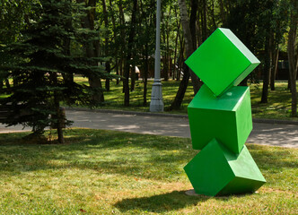 Moscow, Russia - 07.19.2021: Park sculpture colored cubes