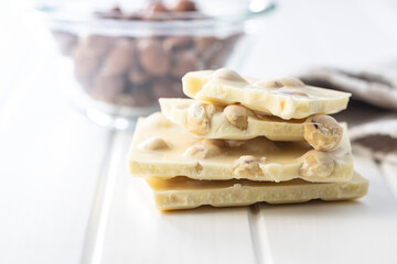 White chocolate bar with hazelnuts.