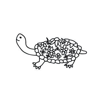 Single hand drawn turtle with flowers. Doodle vector illustration. Isolated on a white background.