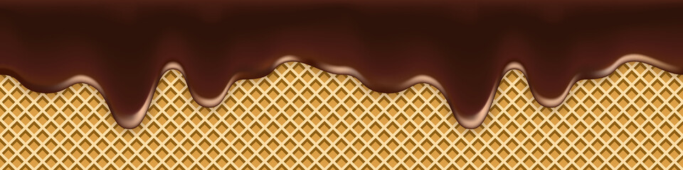 Melted chocolate drip on waffle texture. Liquid flowing hot milk chocolate cream syrup and wafer background, sweet dessert vector illustration