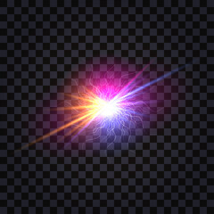 Electric light flash effect.  Electrical discharge shock burst with colorful glowing rays and sparks, pink and purple shine light. Isolated on transparent background. Vector illustration