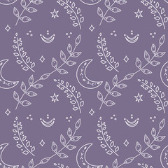 Branch and crescent pattern on violet background. Vector seamless pattern