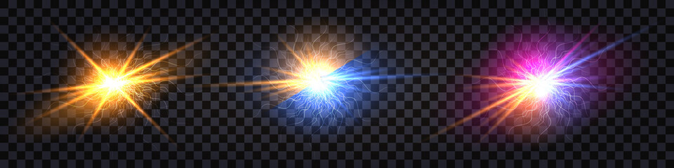 Electric light flash effect, Set of colorful glowing explosions  Electrical discharge shock burst with glowing beams.  Isolated on transparent background. Vector illustration