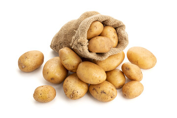 Fototapeta na wymiar New potatoes in burlap sack isolated on white background. Raw potato