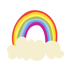 Hand-drawn illustration of a colorful rainbow with a cloud. Cute cartoon illustration. Flat design isolated on white.