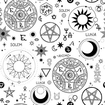 seamless pattern with different alchemical elements