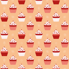 Cupcakes with red berries minimalist seamless vector pattern background. Sweet food cartoon design element. Flat color cupcake doodle wallpaper. Sweet dessert cake ornate illustration, print template