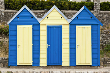 Beach huts at Le Lerio, Ile aux Moines, Gulf of Morbihan, Brittany, France