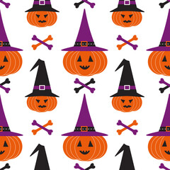 Obraz premium Halloween holiday funny seamless geometric vector pattern. Cute scary pumpkin in witch hat bones cartoon design element. Halloween celebration decorative print wallpaper banner background illustration