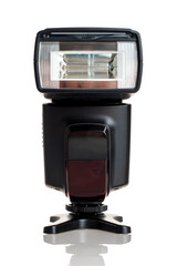 On-camera flash, pulsed light for studio shooting, remote control, synchronization, isolated on a white background