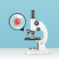 Vector 3d Realistic White Laboratory Microscope, Virus, Bacteria and Magnifying Glass. Chemistry, Biology Tool. Science, Lab, Research, Education Concept Banner. Design Template, Mockup. Front View