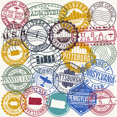 Pittsburgh, PA, USA Set of Stamps. Travel Stamp. Made In Product. Design Seals Old Style Insignia. - obrazy, fototapety, plakaty