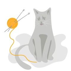 gray cat sits next to an orange ball of thread and knitting needles