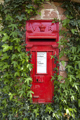 An ivy clad pre 1901 Victorian post box (VR Victoria Regina) in the Exmoor village of Bury, Somerset UK