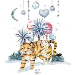Watercolor Tiger. Symbol of the New year 2022. Watercolor Cute cartoon animal. Christmas party decoration. chinese calendar, invitation card.