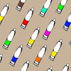 Seamless pattern from tubes with paints of different colors. Packaging paper, background.