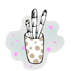Brushes, pens and pencils in a cup. The outline is drawn by hand. Isolated elements on the background.