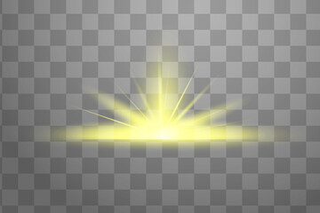 Yellow glowing light explodes on a transparent background. Sparkling magical dust particles. Bright Star. Transparent shining sun, bright flash. Vector sparkles. To center a bright flash