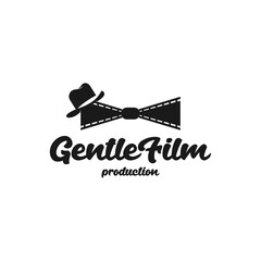 filmstrip, film roll that forms a bow tie with a fancy hat on it. vintage retro movie film cinema logo design template