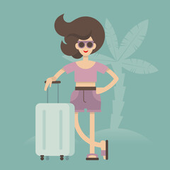 Woman rest. Girl with a suitcase on the beach. Vector image. Concept.