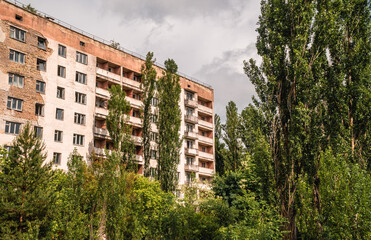 Abandoned decaying Soviet apartment blocks in the city of Pripyat, Ukraine - evacuated after the Chernobyl disaster