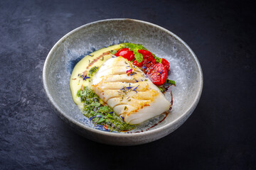 Modern style traditional fried skrei cod fish filet with mashed potato cream and coriander lime...