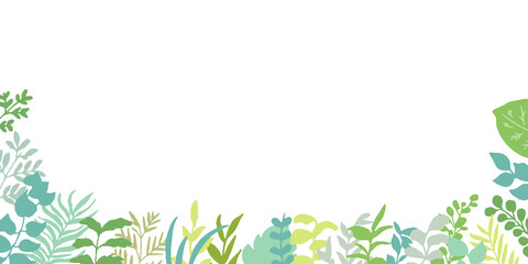 手書きタッチの様々な種類の草木。緑のハーブイラストフレーム　Various types of vegetation with a handwritten touch. Green herb illustration frame
