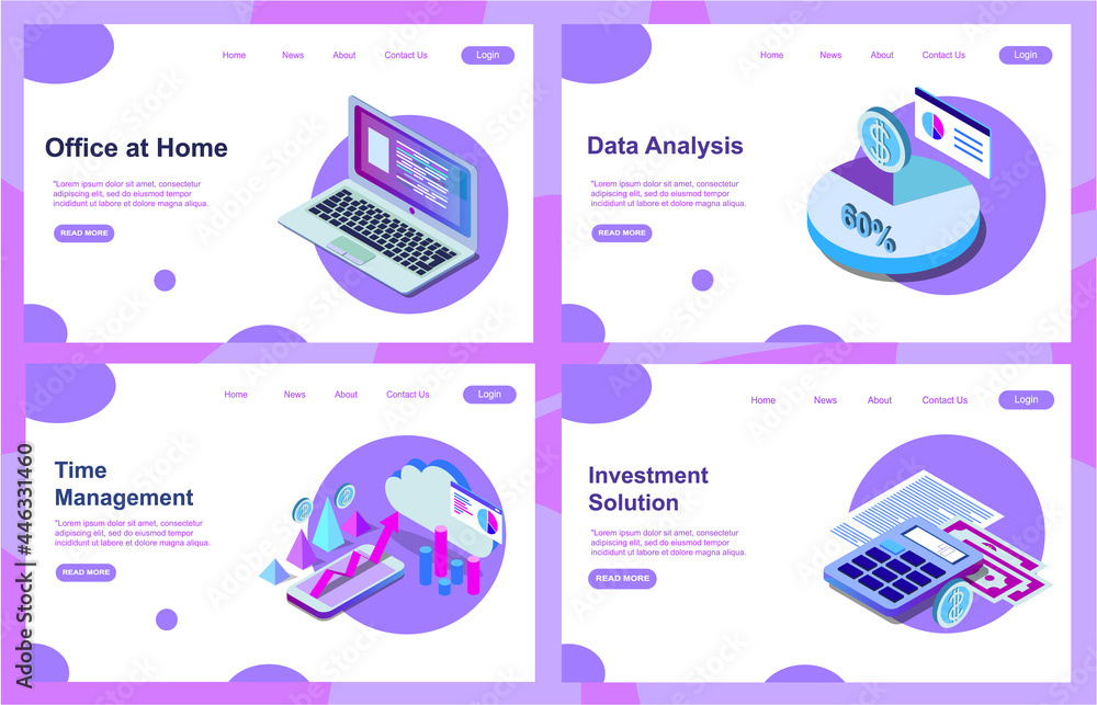 Poster set of website templates, concept for business technologies, data analysis, adaptive design. vector 