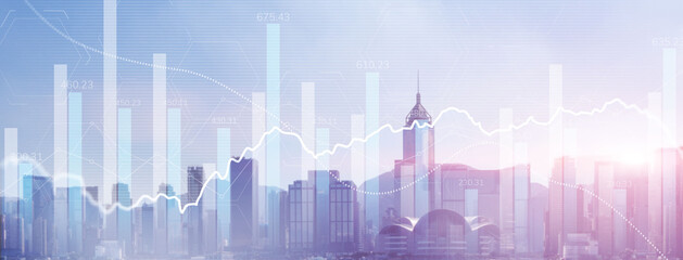 Data analysis. Financial data on a monitor as Finance data concept. Analytics 2022 on city background