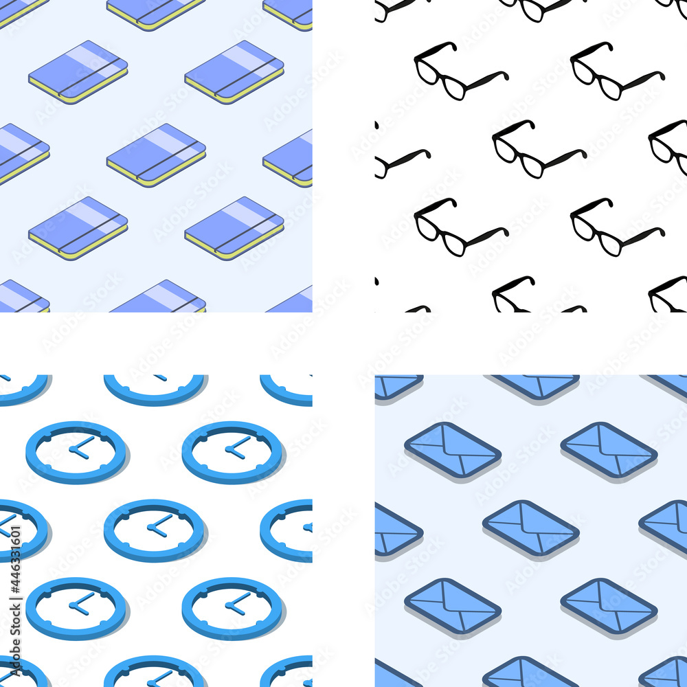 Poster seamless pattern set with office related items isometric. eps