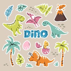 Sticker dinosaur cartoon set. Reptile flat collection, predators and herbivores dino, egg, volcano, palms, plants. Funny colorful dinosaurs. Baby design cute animals. Vector illustration isolated 