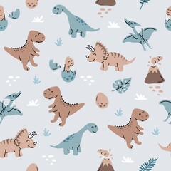Dinosaurs seamless pattern in cartoon scandinavian style. Children's pattern with dinos, eggs, volcanoes, plants for fashion clothes, shirt, fabric. Kids blue dino pattern for boys.