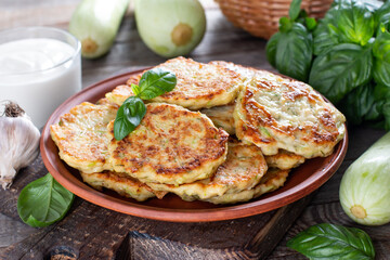Zucchini pancakes with parsley on a table