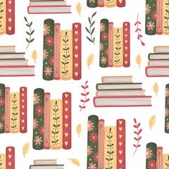 Vintage books, seamless pattern. Stack of books on white isolated background - 446331862